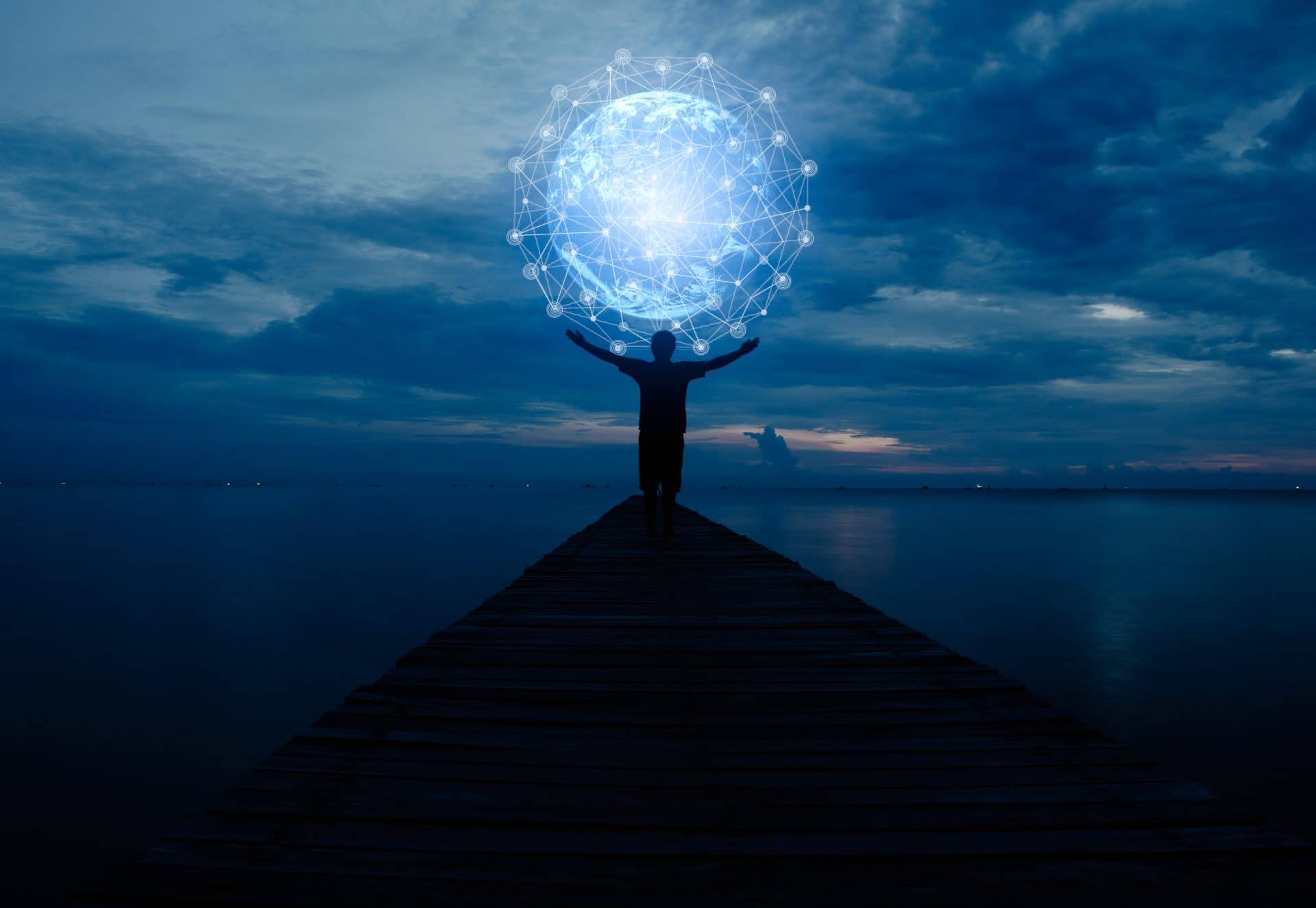 Man on a dock holding a ball of data