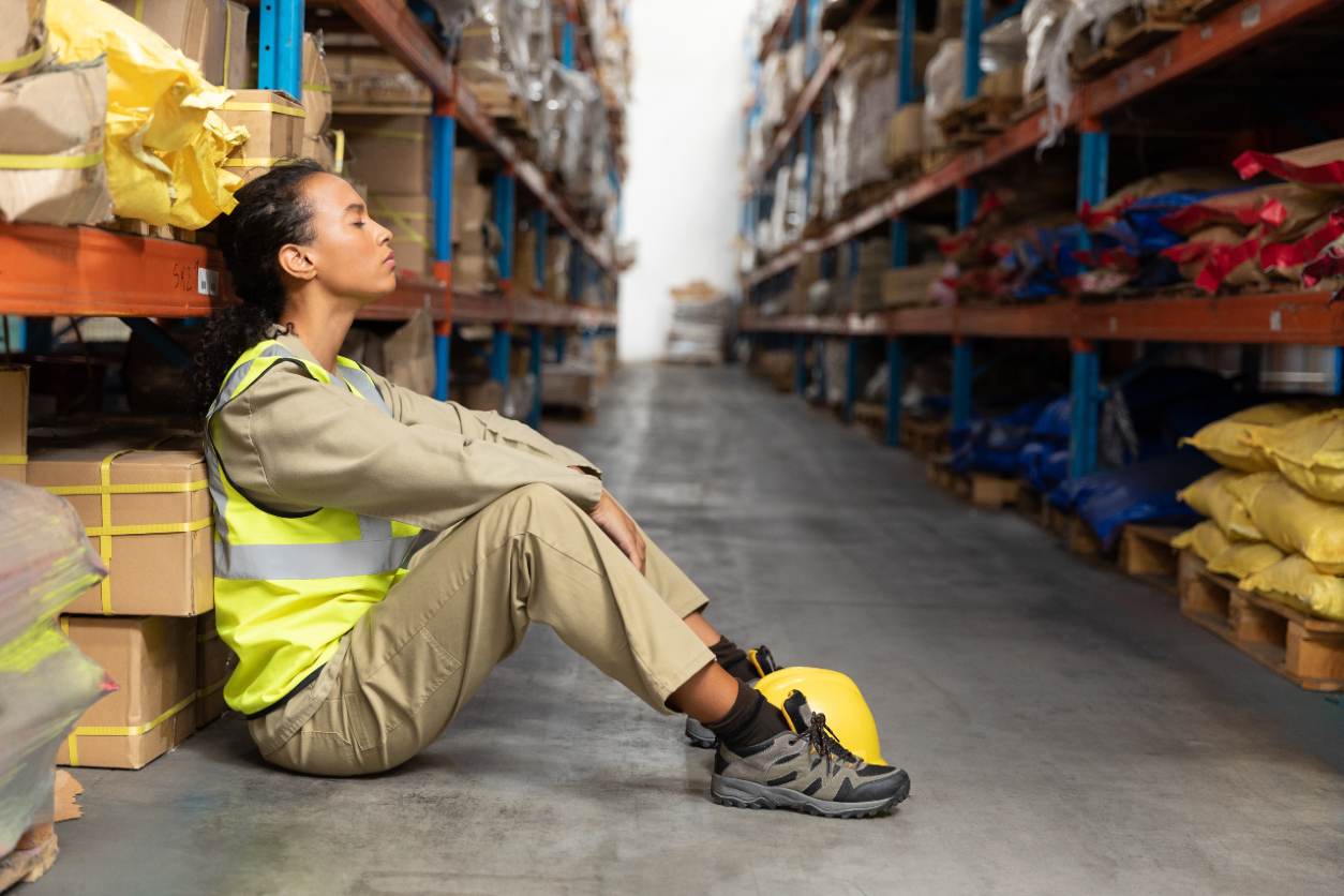 tired factory worker sitting down
