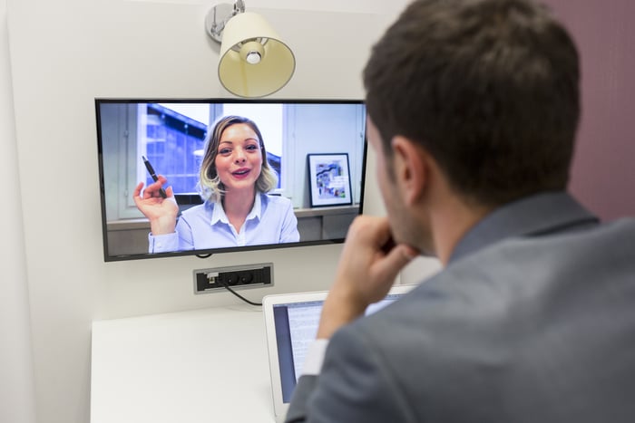 A video conference between a man and a women