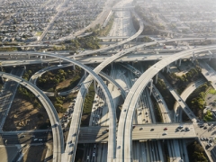 Skyview of a major freeway and several merging lanes