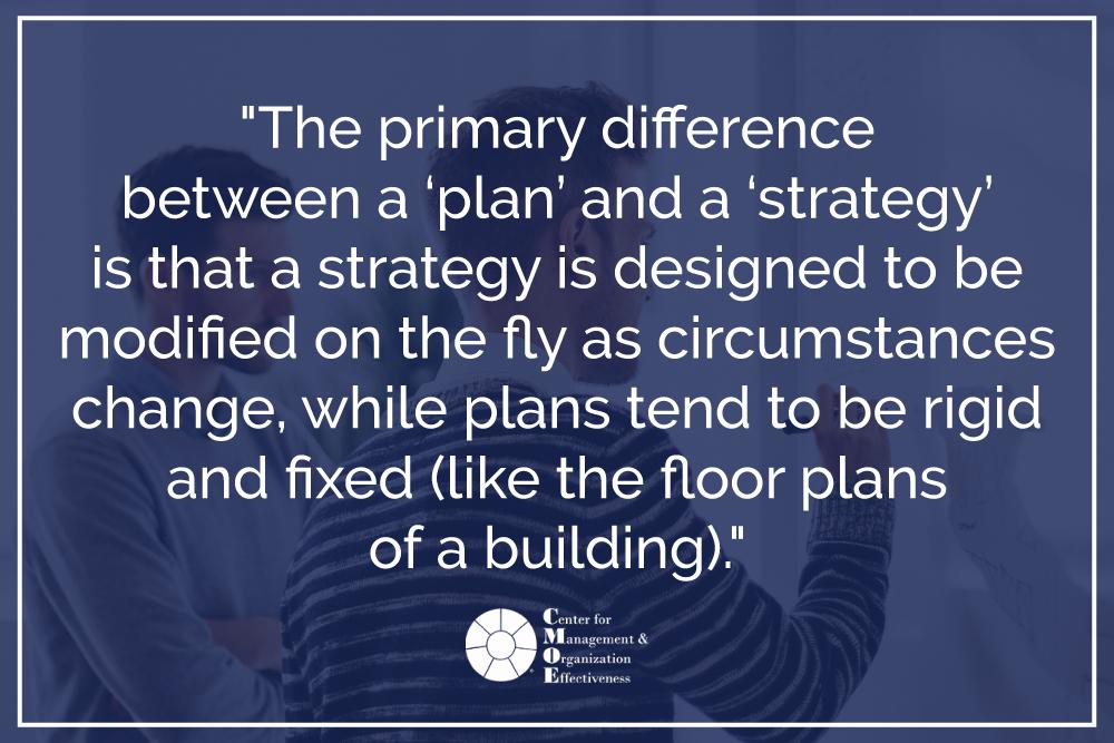 The primary difference between a “plan” and a “strategy” is that a strategy is designed to be modified on the fly as circumstances change, while plans tend to be rigid and fixed (like the floorplan of a buildin
